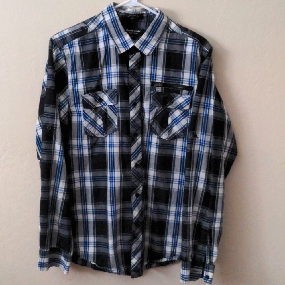 Men's Button up Shirt Size Large.  Blush and Black checks.
